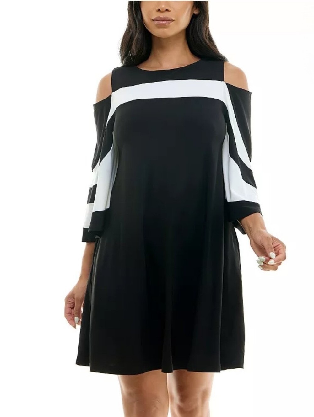 Nina Leonard Draped Sleeve Cold Shoulder Dress Black Ivory Small